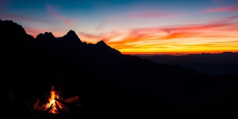 Silhouetted mountain peaks at sunset, campfire glows, adventure, trees