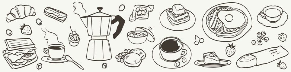 Hand draw la dolce vita breakfast or brunch doodles. Vector illustration of food and coffee icons in ink drawing style. Minimalist line art. Illustration for invitations, menus design, poster placard.