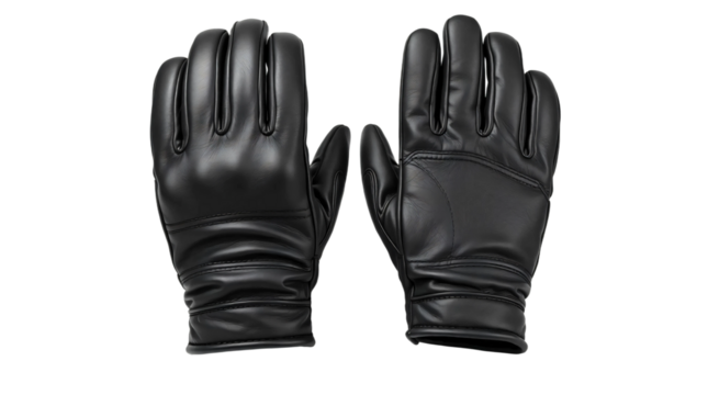 Black leather motorcycle gloves, front and back view isolated on transparent background