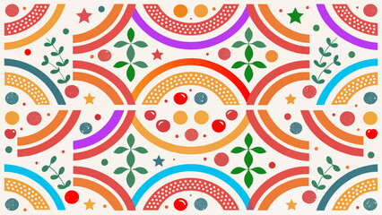 Colorful rainbow pattern design vector illustration with floral and star elements