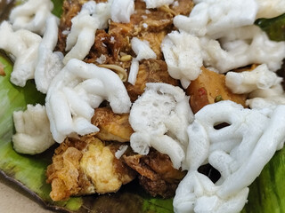 Tahu lontong, a delicious traditional Indonesian dish, lontong with peanut sauce, soy sauce, served...