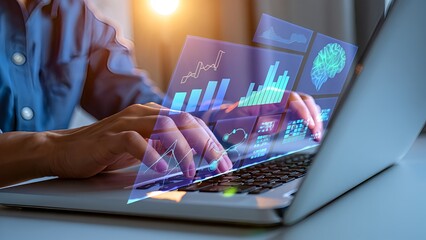 Data analysis professional working on laptop with futuristic holographic charts graphs and AI brain neural network interface