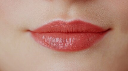 Fototapeta premium Lip care protection concept. Close-up of a person’s lips with a soft, natural lip color, showcasing smooth texture and subtle shine.