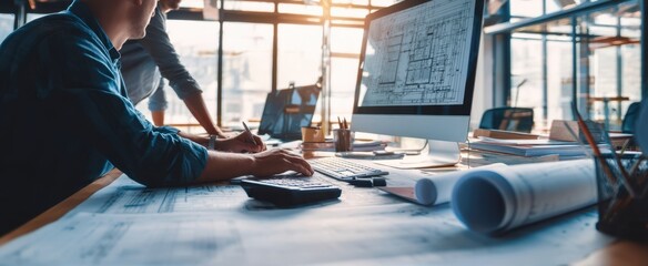 The engineers collaborating on architecture plans in a modern office setting.