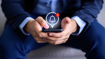Businessman checking smartphone notification alert bell symbol online communication technology