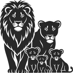 Large lion cub in the form of a black logo, lion, lioness and three lion cubs, lion family icon.