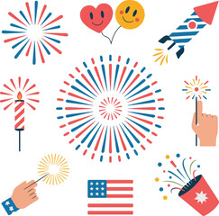 Fototapeta premium Independence Day Celebration Icons – Festive Fireworks and Patriotic Elements