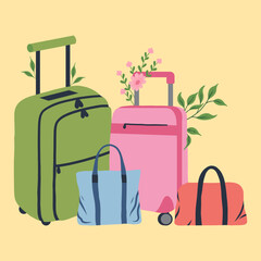 Colorful travel bags. Luggage on wheels for traveling. Modern suitcases with handle. Backpack for traveler. Vacation bags. Flat vector illustration isolated on white background.