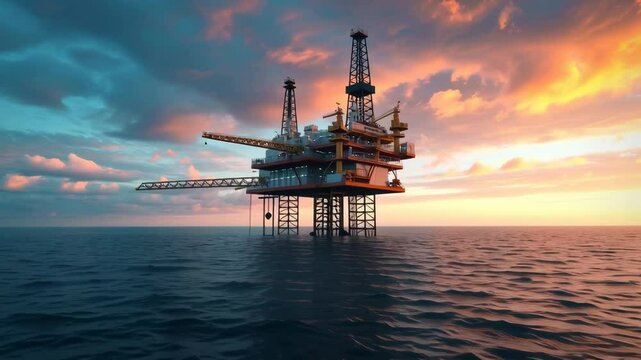 Oil rig in the middle of the ocean beautiful evening golden hour light.