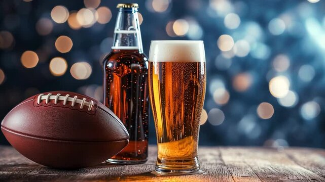 An american football with a beer on a rustic wooden bar.