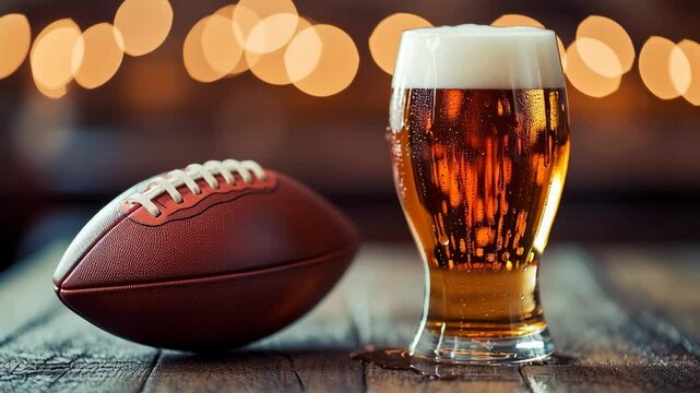 An american football with a beer on a rustic wooden bar.