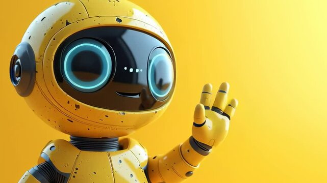 A friendly 3d robot character waving to the camera. 3D Rendering style illustration.