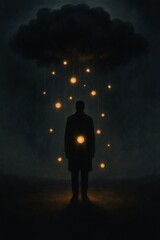 he Weight of Silence: A Figure Beneath a Storm Cloud Shedding Luminous Orbs of Hidden Emotion, Bathed in Conceptual Light and Swallowed by Shadows in a Realm of Inner Turmoil and Beauty
