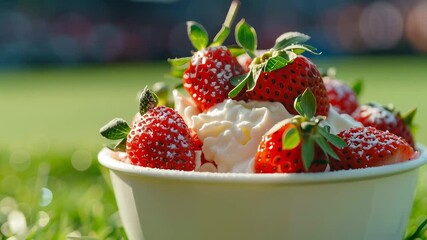 a bowl of strawberries and cream on a tennis court with a tennis stadium blurred in the background.