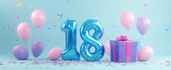 The colorful celebration of an 18th birthday with balloons and gifts.