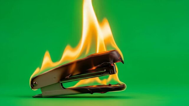 Burning Stapler on Green Screen - A metal stapler is engulfed in flames against a bright green background. The fire is intense, and the stapler is visibly melting.