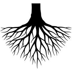 Silhouette of a tree trunk with sprawling root system, intricately illustrated in black with branching organic lines spreading downward, symbolizing growth, nature, and stability.