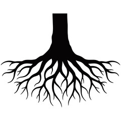 Silhouette of a tree trunk with sprawling root system, intricately illustrated in black with branching organic lines spreading downward, symbolizing growth, nature, and stability.