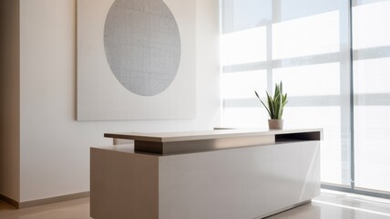 Modern minimalist office reception area with sleek desk and large windows