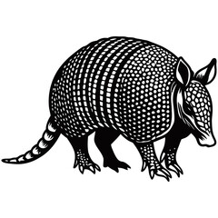 Detailed black and white vector illustration of an armadillo, showcasing its textured armor-like shell, pointed snout, and ringed tail in side profile.