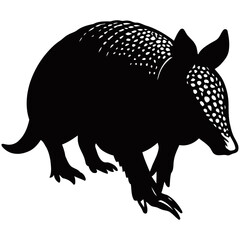 Detailed black and white vector illustration of an armadillo, showcasing its textured armor-like shell, pointed snout, and ringed tail in side profile.