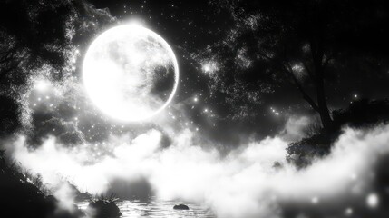 Fototapeta premium Moonlit Night, Misty Lake, Starry Sky