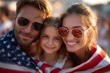 Smiling family embraced in an American flag sunglasses on outdoors