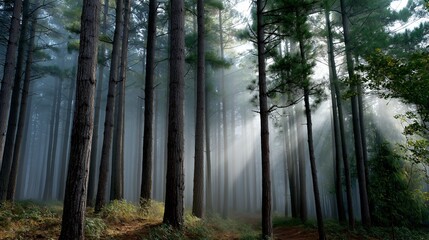Foggy forest featuring tall pine trees and ethereal sunlight. Mist creating atmospheric depth. AI generated.