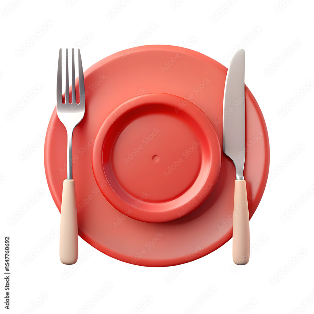 Poster red plate with fork and knife isolated on transparent background