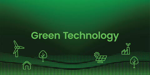 Modern green technology background with eco energy icons, wind turbine, solar panel, and sustainable landscape in dark gradient design.