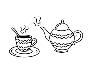 The vector illustration shows a teacup with a saucer and a teapot.A teapot with a cup on a saucer. Black and white illustration of a cup and teapot.