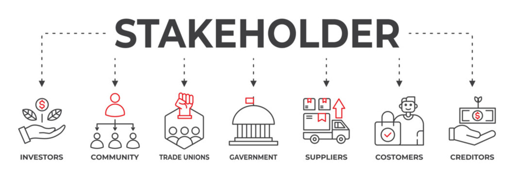 Banner Stakeholder Vector Illustration Concept, containing Relationship, Related to Investor, Suppliers, Government, Customers and Creditor
