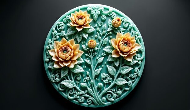 Circular Ceramic Plaque with Embossed Floral Design