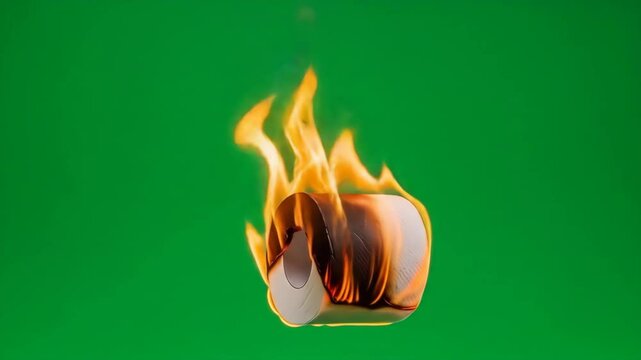 Burning Toilet Paper Roll Against Green Screen - A roll of toilet paper is engulfed in flames, floating against a vibrant green screen background.