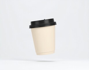 Floating cream-colored coffee cup with black lid on white background. Minimalist mockup perfect for branding, packaging design, or beverage advertising