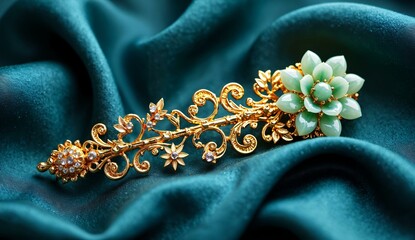 Elegant Gold Hair Ornament with Jade Flowers on Dark Fabric