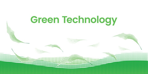 Minimalist green technology background with falling leaves, wave pattern and clean white space for eco-friendly concepts.
