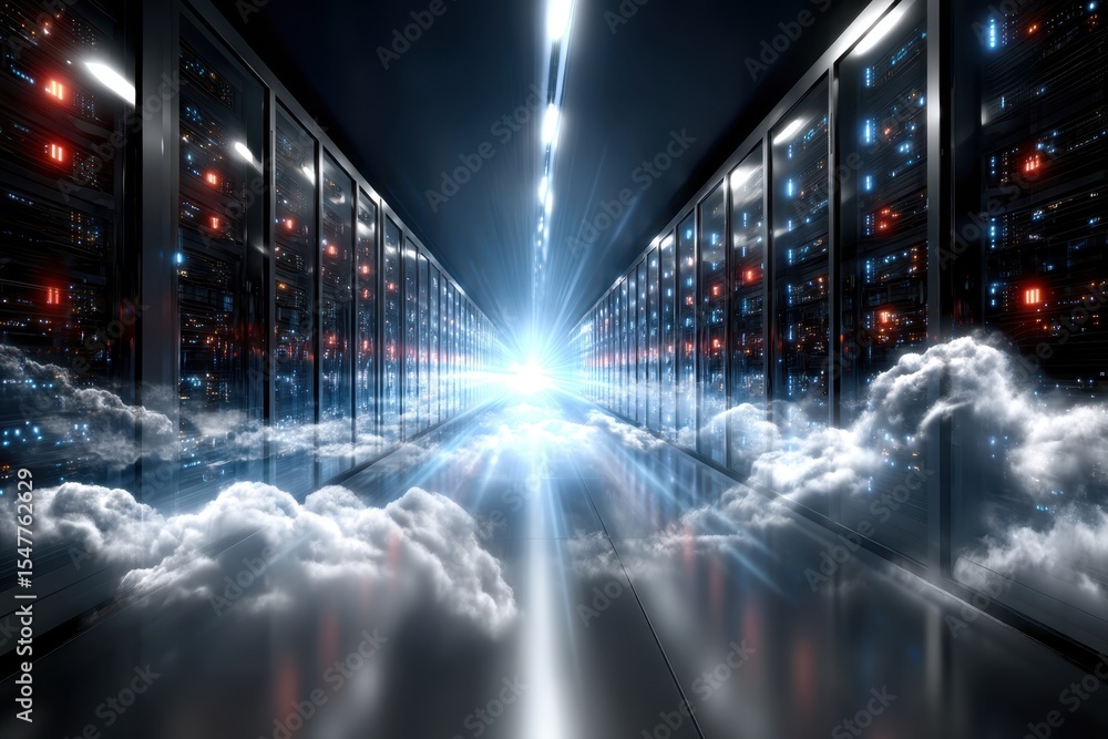 Poster light emerging from a high-tech data center with server racks and cloud-like effects
