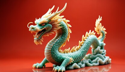 Fototapeta premium Green and Gold Dragon Statue on Red Background