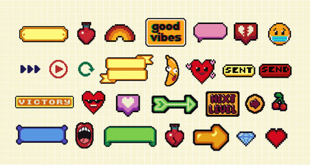 Pixels Y2k funny playful emoticon, frame, arrow, icon stickers. . 8-bit retro style vector illustration for social media. Set of pixel art. Emoji pixelated icons.