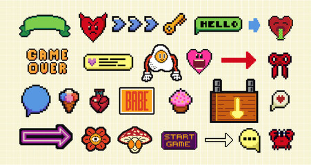 Pixels Y2k funny playful emoticon, frame, arrow, icon stickers. . 8-bit retro style vector illustration for social media. Set of pixel art. Emoji pixelated icons.