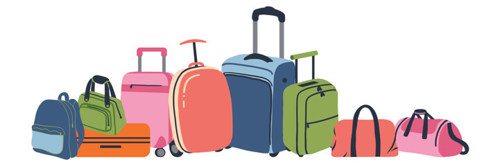 Colorful travel bags. Luggage on wheels for traveling. Modern suitcases with handle. Backpack for traveler. Vacation bags. Flat vector illustration isolated on white background.