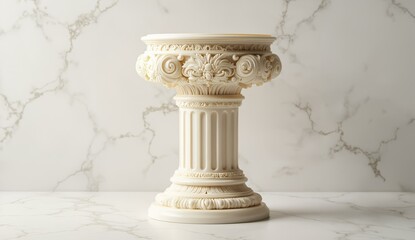Elegant Cream-Colored Urn with Ornate Carvings on a Marble Surface