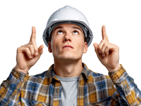 Construction Worker's Insight: A focused construction worker, donning a pristine hard hat and a checkered shirt, directs his gaze upwards with both index fingers pointing toward the unseen.