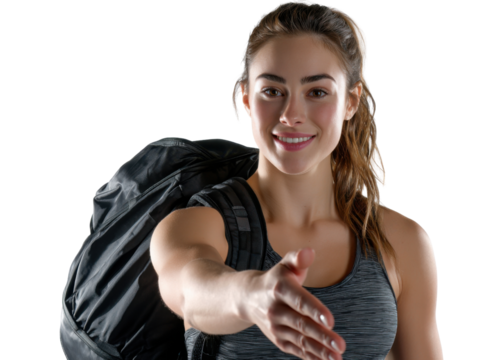 Traveler's Handshake: A friendly female hiker offers a handshake, ready for adventure. Her confident smile and backpack suggest a spirit of exploration and openness.