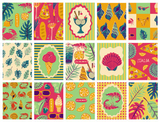 Set of vintage summer post cards. Retro style beach vacation postage sticker background illustration. Summertime season mail postmark texture print, postal label wallpaper.
