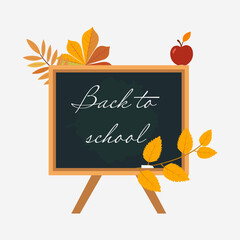 Back to school chalkboard with autumn leaves and apple, isolated editable composition