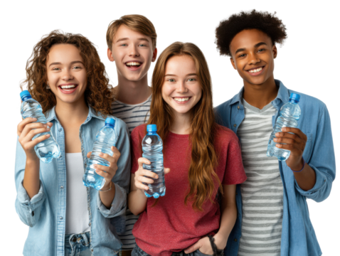 Hydration Heroes: A youthful collective of diverse friends, each beaming with health, proudly display their water bottles, radiating positivity and wellness.