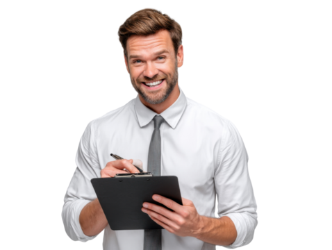 The Confident Professional: A smiling businessman, expertly holding a clipboard and pen, embodies a portrait of competence and focused attention. 