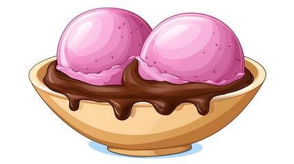 Two scoops of pink ice cream on chocolate sauce in bowl